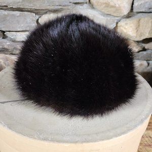 BLACK VINTAGE MINK FUR HAT BLOOMINGDALES AMY NEW YORK UNION MADE IN USA 7''